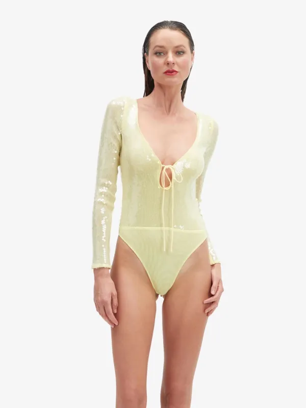 Bardot Verona Sequin Bodysuit In Canary Yellow - Image 7