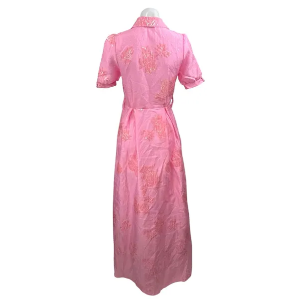 Women's Floral Jacquard Short Sleeve Button Up A Line Maxi Shirt Dress Size S - Image 2