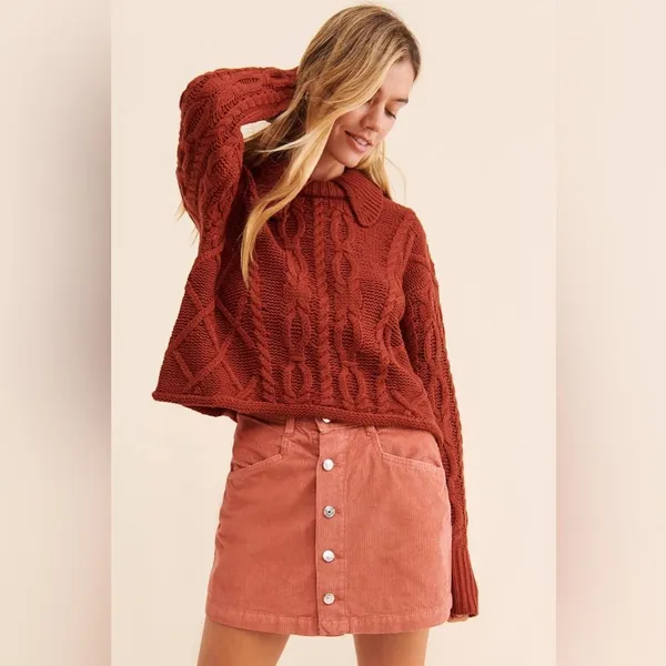 FREE PEOPLE‎ Ray Button Front Corduroy Mini Skirt Rust Pink Fall Size 10 New - Image 2