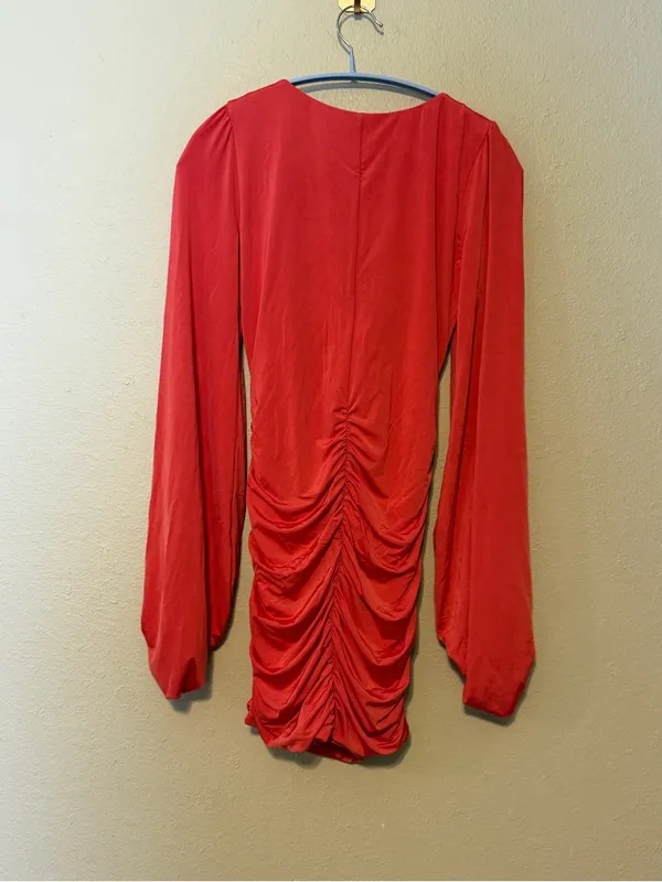 Lucy in The Sky Orange Coral Twist Front‎ Ruched V Neck Long Sleeve Mini Dress - Image 5