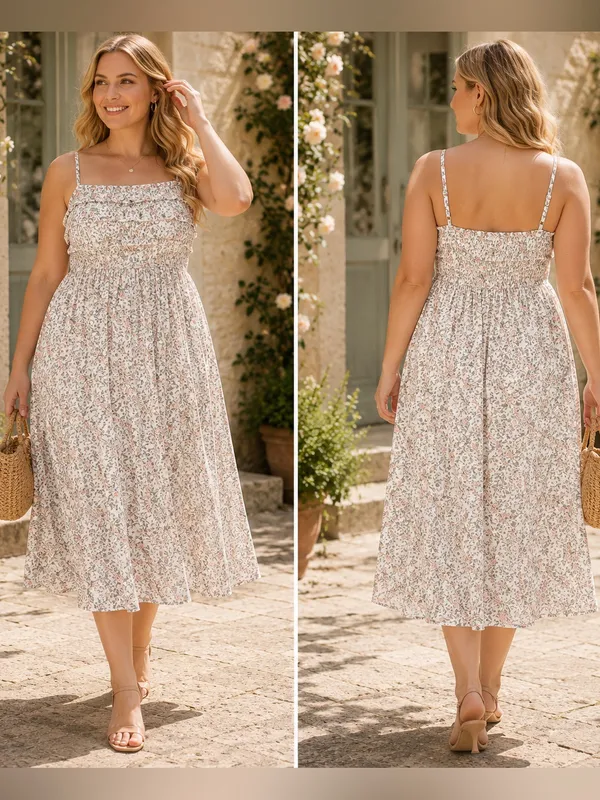 Peach Floral Spaghetti Strap Midi Dress Large Cottagecore Summer Wedding Guest - Image 2