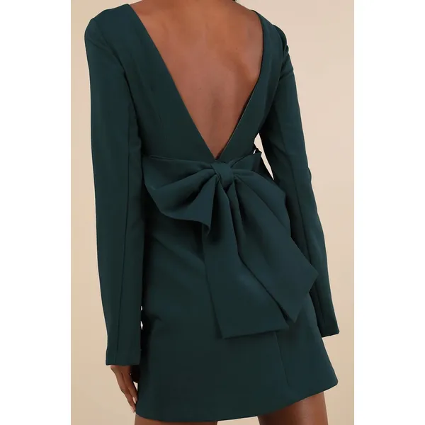 NEW Lulus Elegant Cutie Emerald Bow Bell-Style Long Sleeve Backless Mini Dress - Image 2
