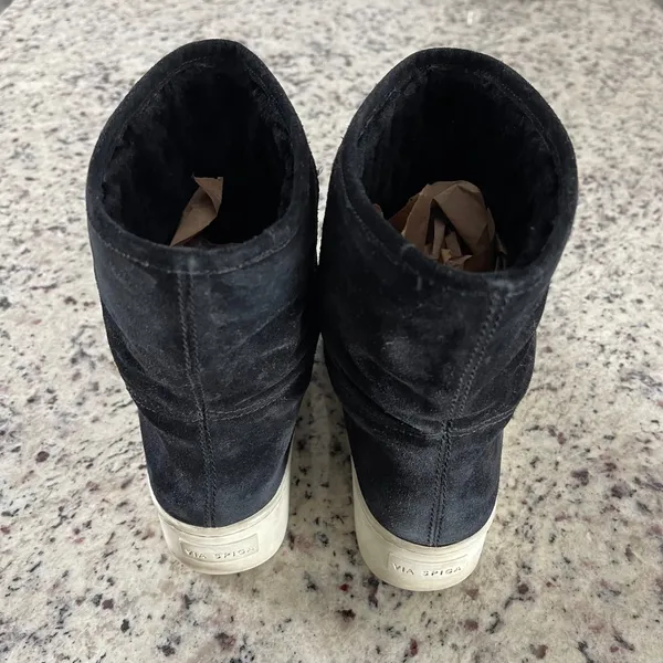 Via Spiga Elona Suede‎ & Fur Platform Boots Women Black Minimalist Mid Calf 8 - Image 4
