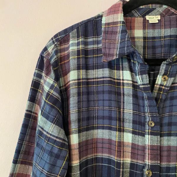 Aerie Blue Purple Plaid Button Down Shirt Western Boho Loungewear Women Medium - Image 3