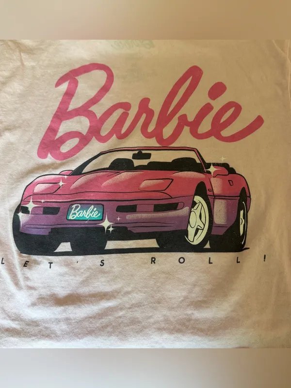 Barbie Pink Graphic Crop Tee Let’s Roll Car Logo T-Shirt Women’s Medium - Image 6