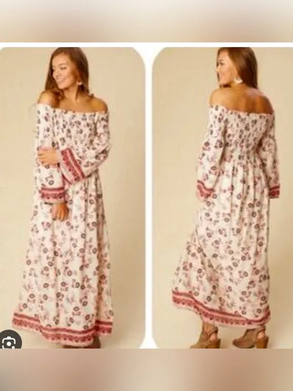 Altar'd State White Off-Shoulder Floral Maxi Dress with Pink Border - Image 2