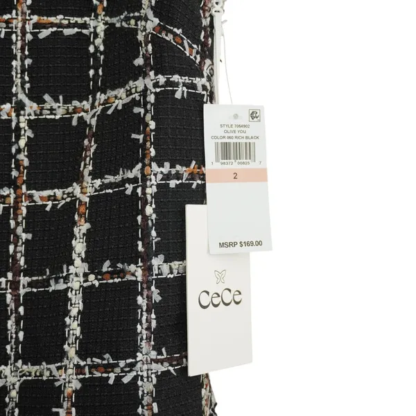 CeCe Size 2 Black Plaid Tweed Shift Dress Bow Neck Fringe NWT Career Chic‎ City - Image 4