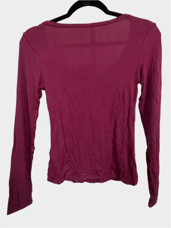 Halara Ribbed Henley Neck Long Sleeve Slim Casual T-Shirt Maroon Banner Size S - Image 4