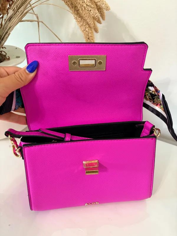 ALDO Hot Pink Satchel Handbag Scarf Handle Gold Hardware Statement Y2K - Image 10