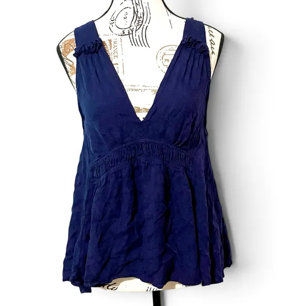 Maeve Anthropologie Navy Blue Boho Tank Top Plunge V Neck Smocked Cinch Small - Image 4