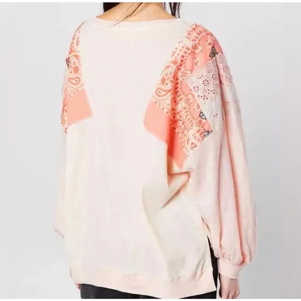 We the Free Boho Patchwork Cream Oversized Longsleeve Crewneck Size Small - Image 3