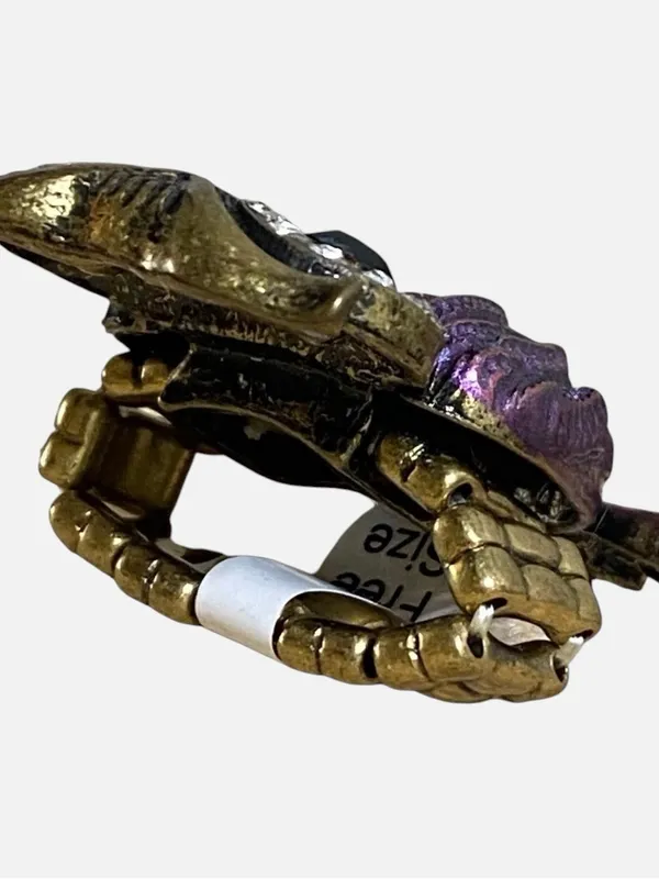 Boho Owl Ring Purple Green Rhinestone Enamel Stretch Adjustable Bronze Tone - Image 3