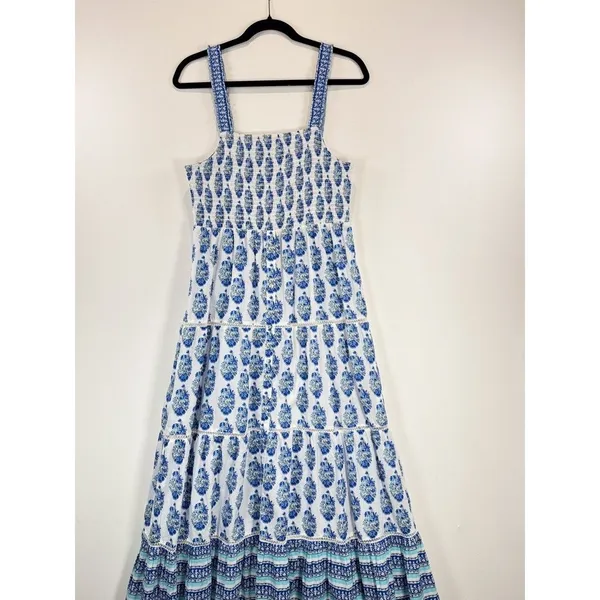 Playa Lucila Maxi Dress Blue Smock Border Tiered Sleeveless Sundress Boho Large - Image 5