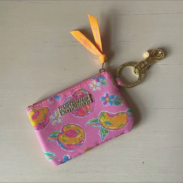 Simply Southern pink and orange peach fruit print gold tone key ring / ID wallet - Image 2