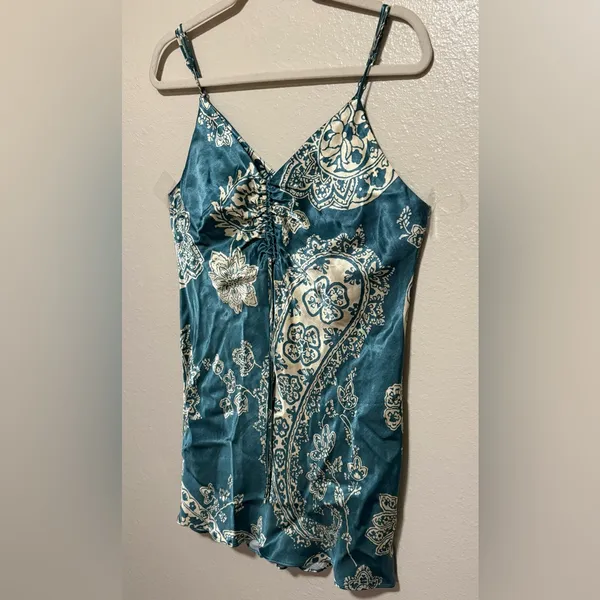 Zara Teal Satin Paisley Ruched Mini Dress Large Adjustable Straps - Image 4