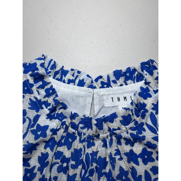 THML Anthropologie XL Blue White Floral Tiered Babydoll Dress Pink Pom Pom Trim - Image 9