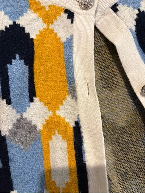 Savida Geometric button front Cardigan yellow blue white medium - Image 7
