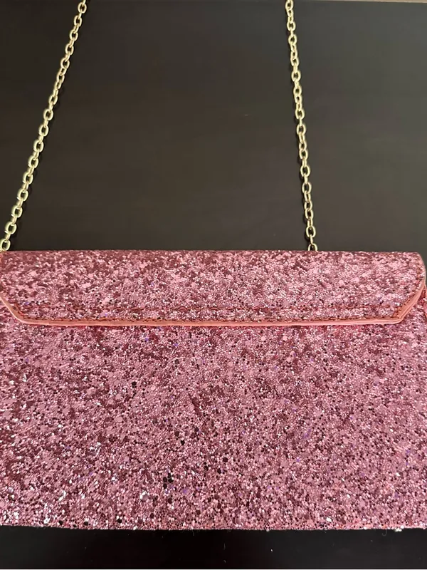Pink Glitter Envelope Clutch with Gold Plated Chain - Image 3