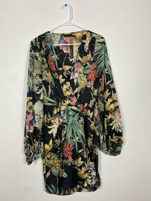 Miss Avenue Black Floral Long Sleeve Midi Shirt Dress Size M - Image 2