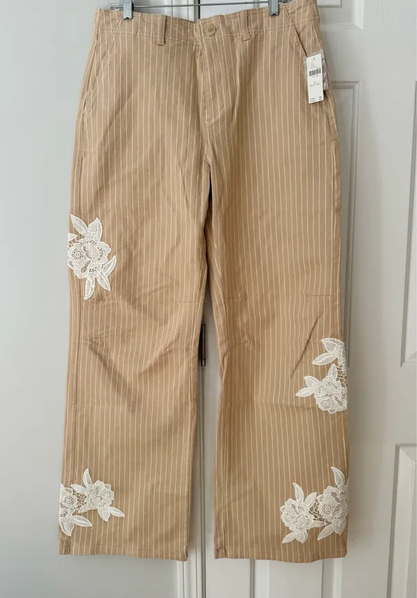 Anthropologie Lace-Embellished Railroad Pants, Size 10 Tall - Image 8