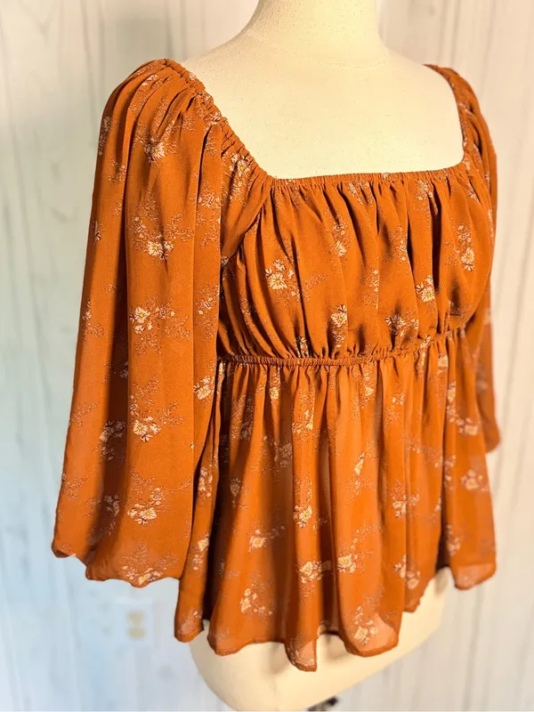 EASEL 3/4-Balloon Sleeve Floral Babydoll Style Blouse, Medium, Amber Cottagecore - Image 6