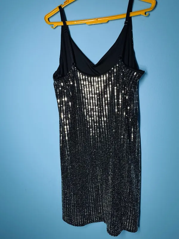 Candie's XL Black and Gold Sequin Striped V-Neck Slip Dress - Image 8