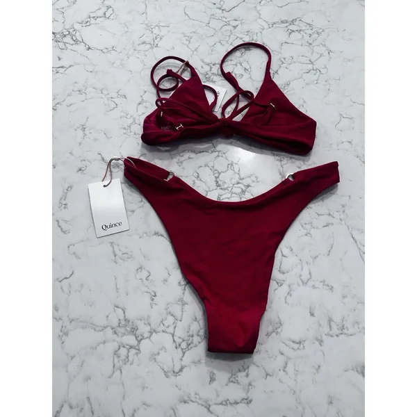 NWT Quince Cherry Red Knot Tie Bikini Top & Italian High-Leg Ring Bikini Bottom - Image 2