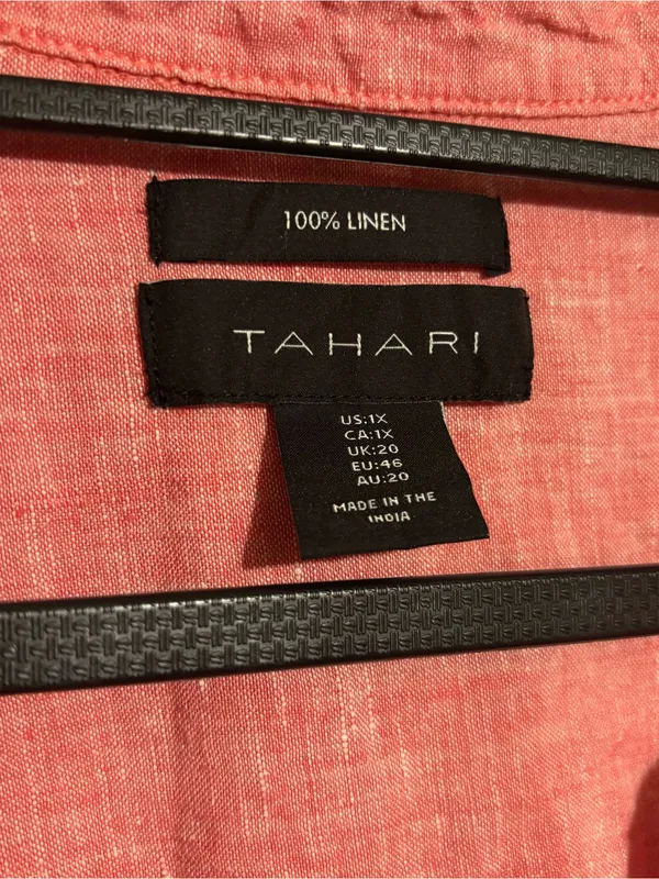 Tahari 1X 100% Linen Coral Pink V- neck Tunic Top Side Buttons 3/4 sleeves - Image 4