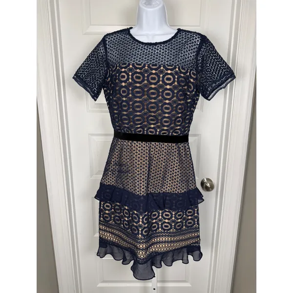 Chelsea28 Navy Lace Sheath Dress Velvet Belt Ruffle Hem Cocktail Wedding Guest‎ - Image 3