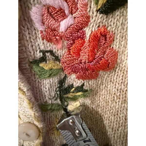 Haband Floral Embroidered Fringed Cardigan Sweater Beige Tan Large Vintage Style - Image 5