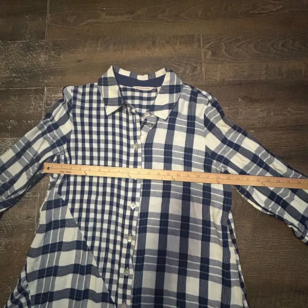 Soft Surroundings Navy Blue Mixed Plaid Asymmetrical Button Front Tunic Large - Image 6