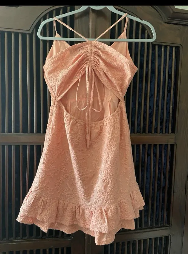 MINKPINK Pink Embroidered Mini Dress Size L Open Back Ruffle Hem - Image 2