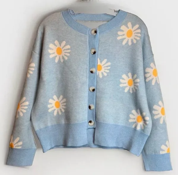 Womens Floral sky Blue Long Sleeve Ribbed Neckline Casual Sweater/Cardigan|Sz:S - Image 2