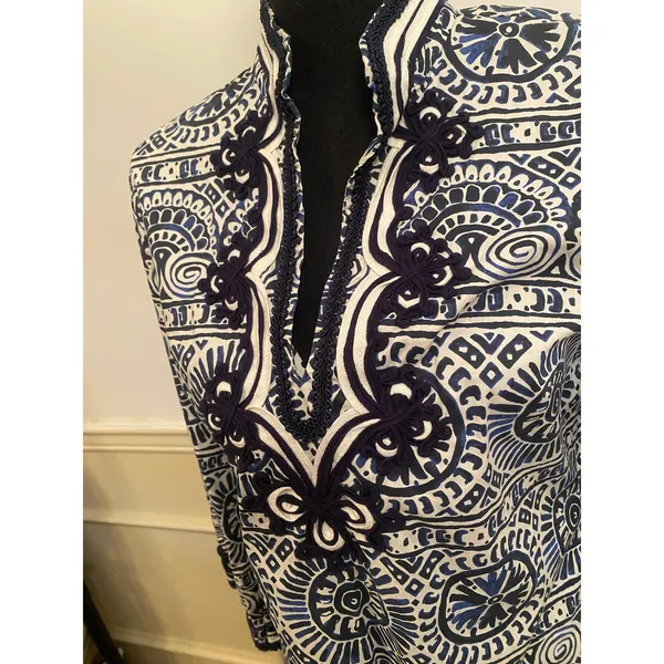 Tory Burch Tunic Shift Dress Mosaic Navy Blue White Tile Work Design Coastal - Image 2