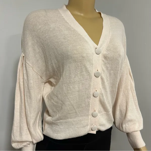 Camaieu V-Neck Button Front Cardigan Balloon‎ Sleeve Lightweight Knit Sweater - Image 2