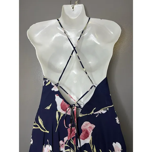 Lulus Dress Womens Medium Blue Floral Halter Maxi Sundress Crisscross Back - Image 6