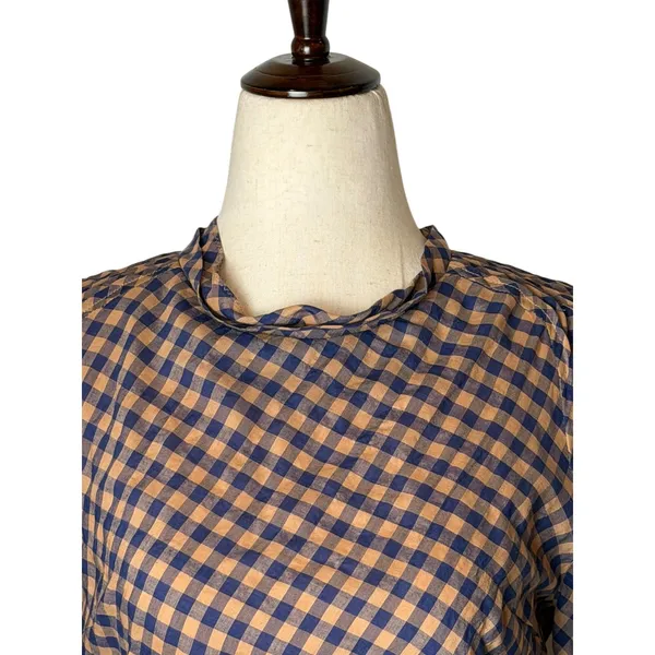 MINE Gingham Midi Dress Women Small Orange Blue Ruched Puff Sleeve Preppy Retro - Image 7