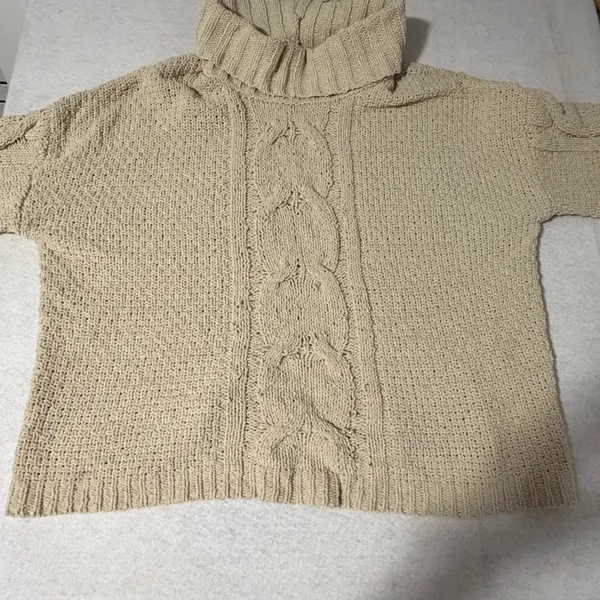 Seven7 Women XL Beige Cable Knit Turtleneck Balloon Sleeve Oversized Sweater - Image 2