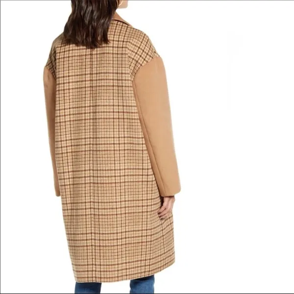 Mural Plaid Longline Coat Jacket Wool Blend Brown Size XL - Image 2
