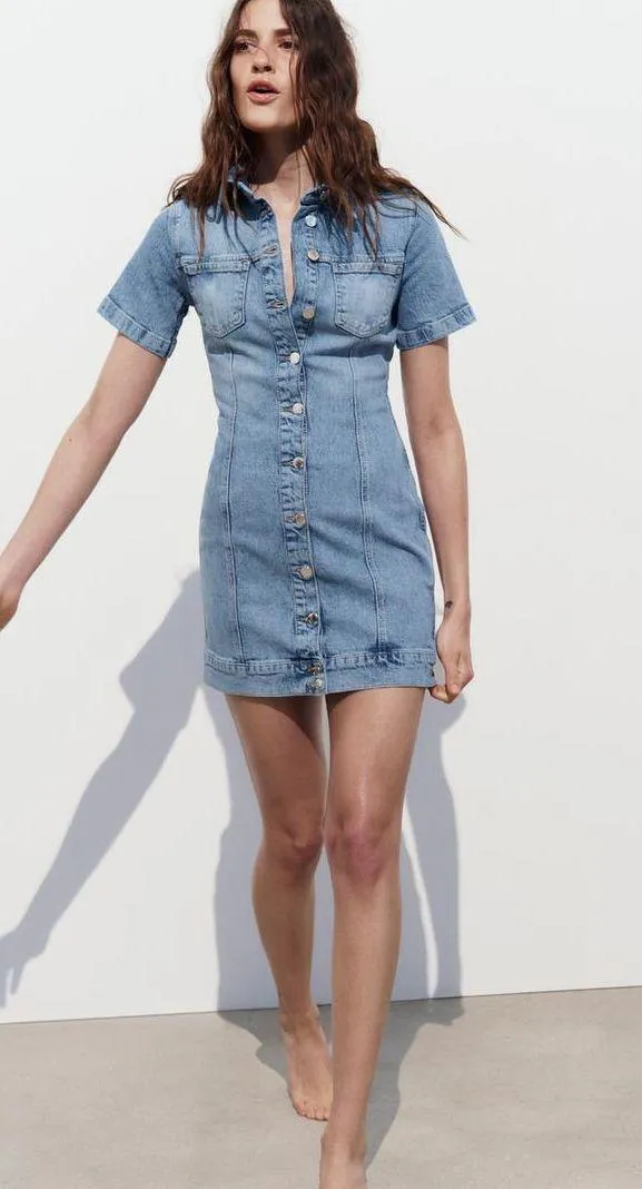 ZARA Dress mini denim jeans button up collar casual short sleeve - Image 2