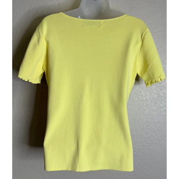 Joseph A XL (M/S) Sweater Top Yellow Floral Embroidered Short Sleeve V Neck - Image 2