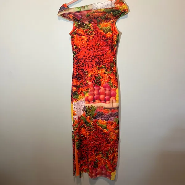 Zara Picante Pepper Mesh Fruit Vegetable Print Off Shoulder Maxi Dress Red Small - Image 10