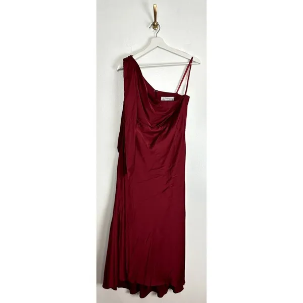 MAC DUGGAL One-Shouder Bow Satin Midi A-Line Dress in Deep Red Size US 8 - Image 3