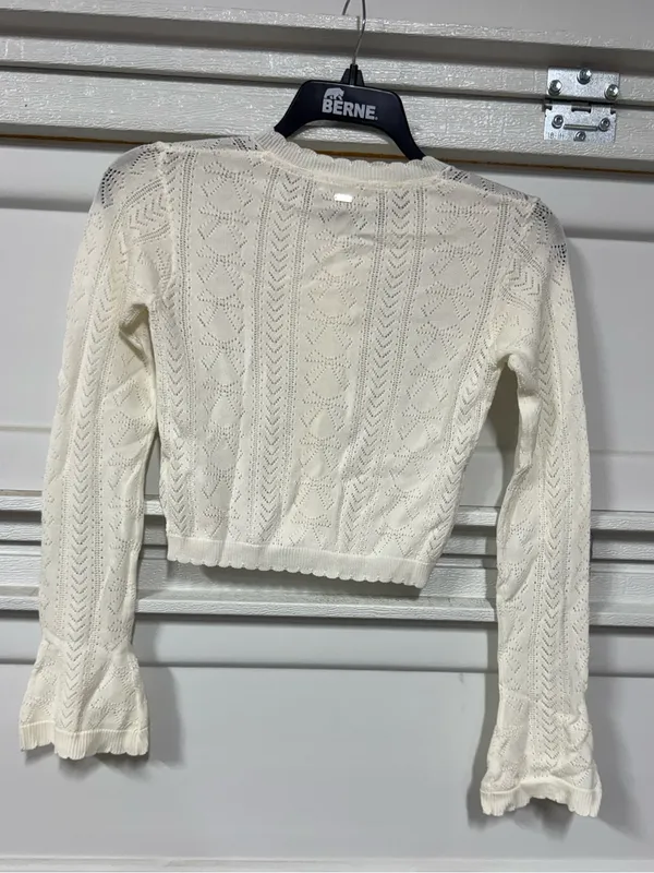 Lounge Pointelle Bow Cardigan - White Small New Cropped Fitted Long Sleeve - Image 5
