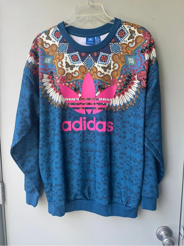 Adidas x Farm Rio - Borbomix Blue Sweatshirt with Pink Trefoil and Ornate Yoke - Image 8