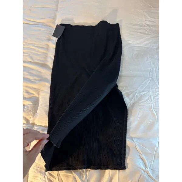Lulus Black Ribbed Knit Midi Skirt Side Slit Bodycon High Waisted Large NWT - Image 3