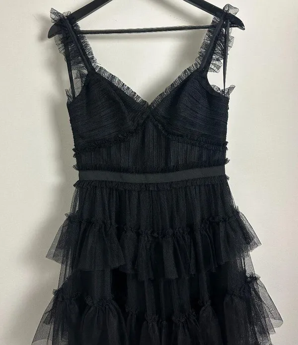 BETSY & ADAM Tiered Ruffle Tulle Gown in Black Size US 4 - Image 5