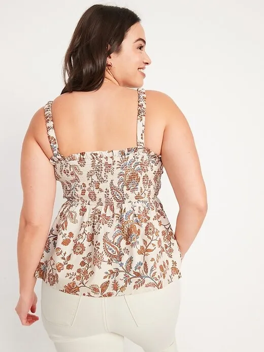 Old Navy Floral Smocked Peplum Cami Top Boho Cottagecore Cream Rust L - Image 6