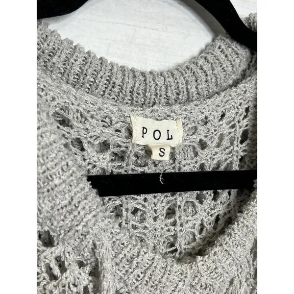 POL Open Knit Hooded Sweater Small Gray Boho Crochet Lightweight Top - Image 3