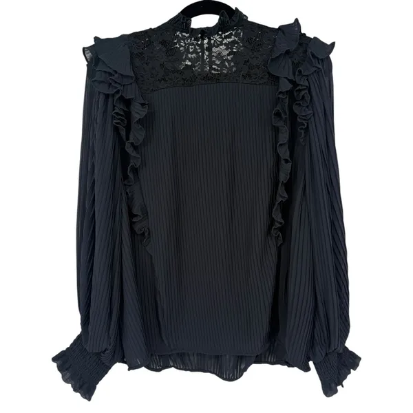 Anthropologie Pleated Ruffled Sheer Lace Blouse‎ Top Black Size LP Whimsigoth - Image 5